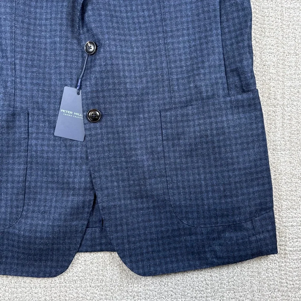 NEW Peter Millar Mens 42L Crown Crafted Navy Wool Silk Cashmere Check Blazer